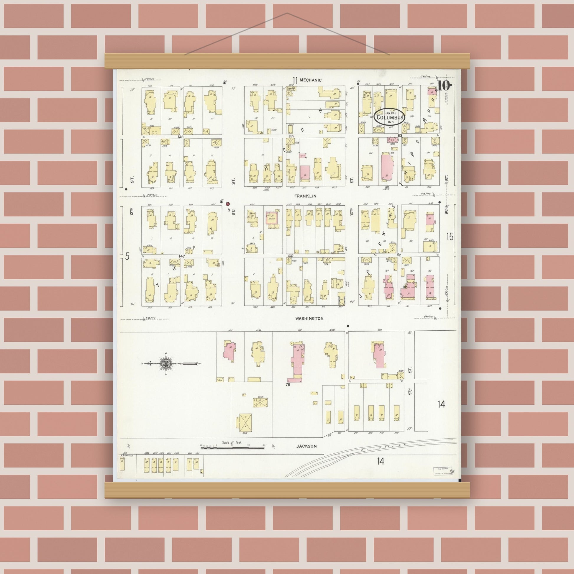 Old map wall art mockup — magnetic wood frame on brick wall — Sanborn Fire Insurance Map from Columbus, Bartholomew County, Indiana (1912), Sheet #0010