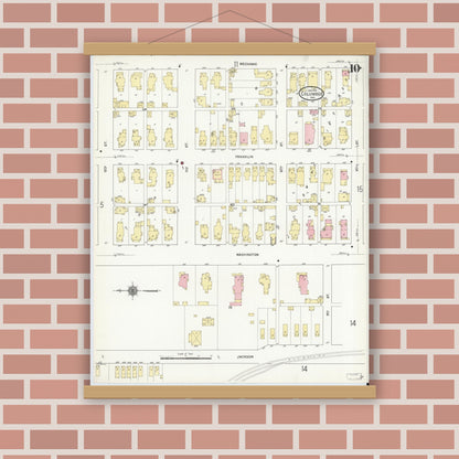 Old map wall art mockup — magnetic wood frame on brick wall — Sanborn Fire Insurance Map from Columbus, Bartholomew County, Indiana (1912), Sheet #0010