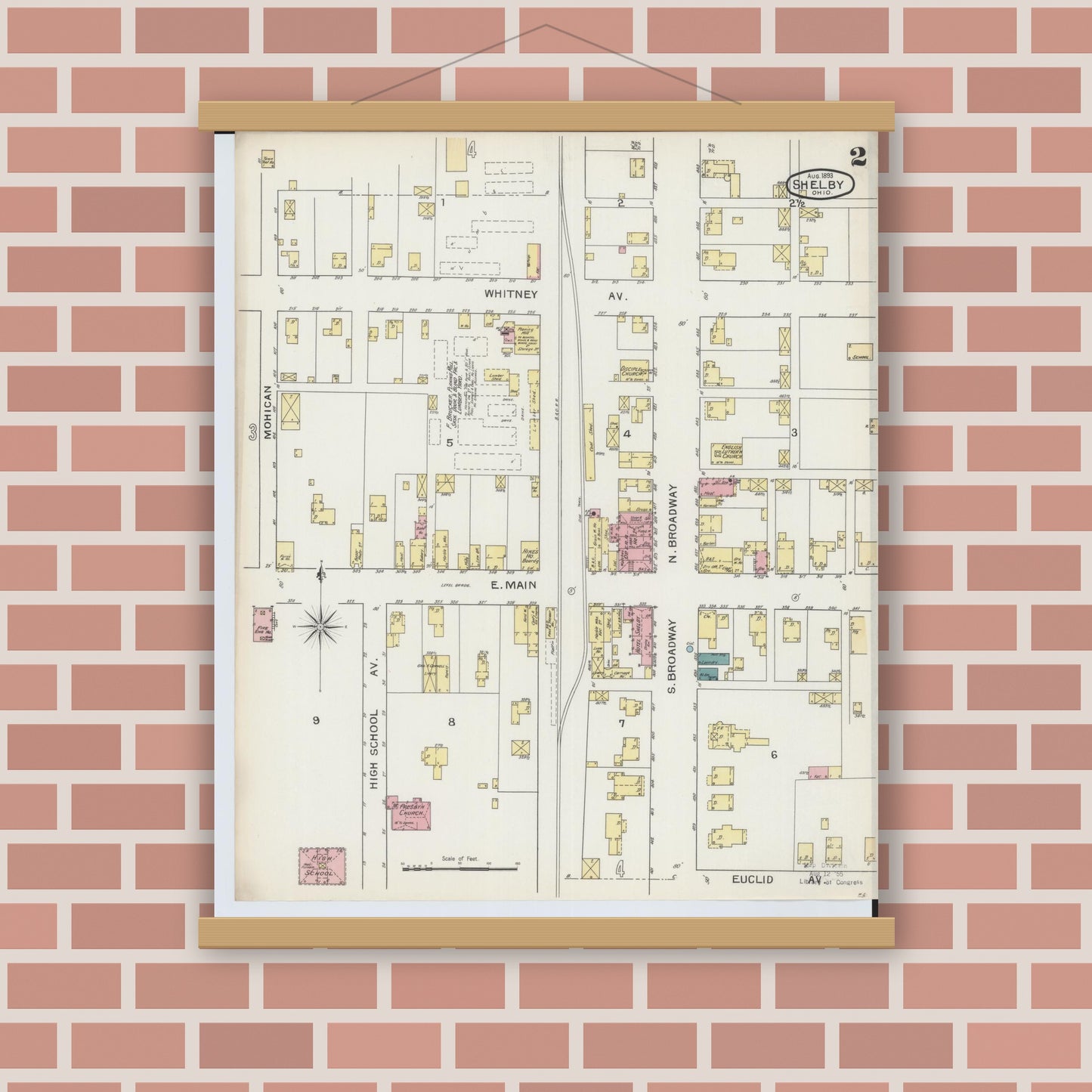 Old map wall art mockup — magnetic wood frame on brick wall — Sanborn Fire Insurance Map from Shelby, Richland County, Ohio (1893), Sheet #0002