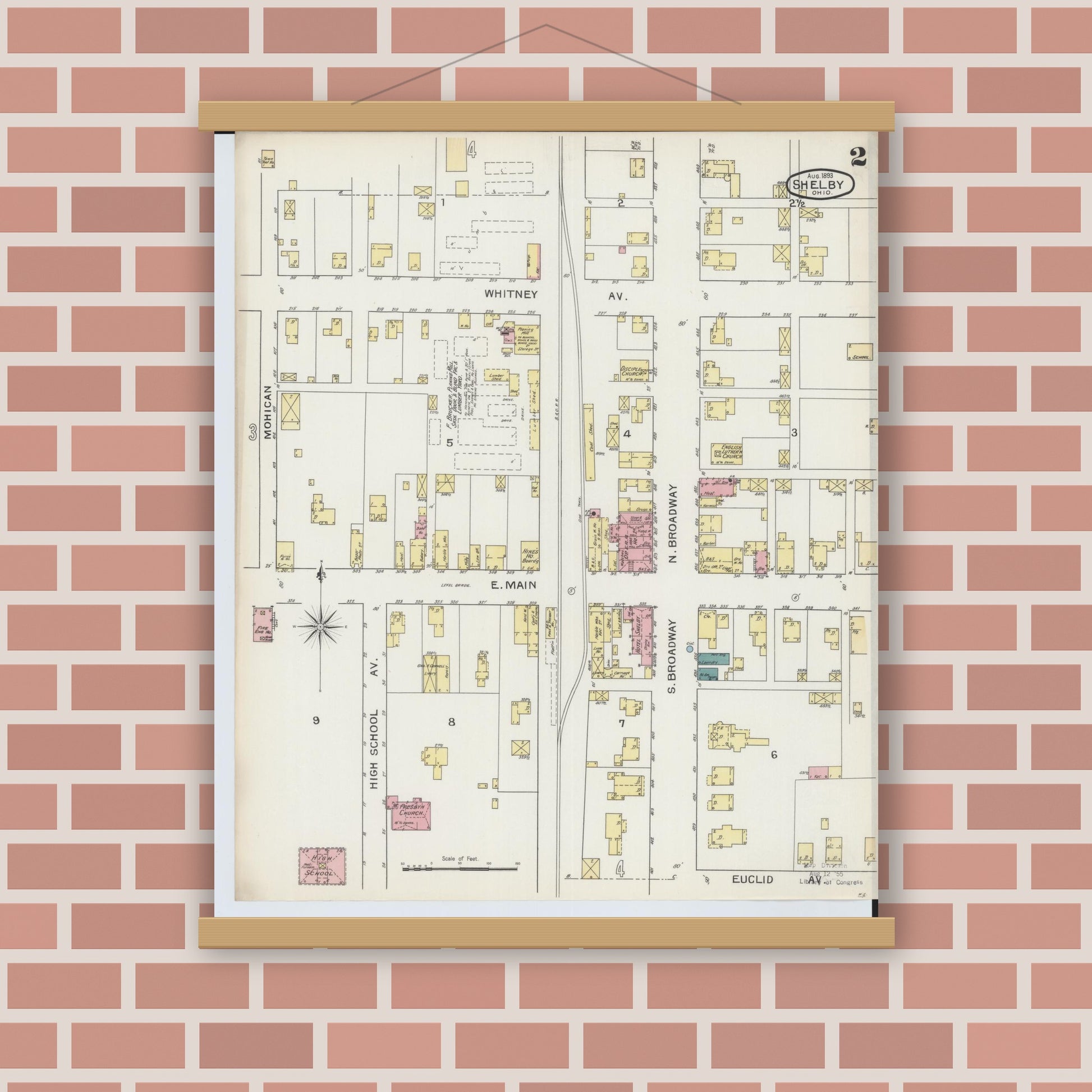 Old map wall art mockup — magnetic wood frame on brick wall — Sanborn Fire Insurance Map from Shelby, Richland County, Ohio (1893), Sheet #0002