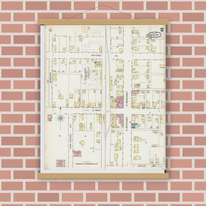 Old map wall art mockup — magnetic wood frame on brick wall — Sanborn Fire Insurance Map from Shelby, Richland County, Ohio (1893), Sheet #0002
