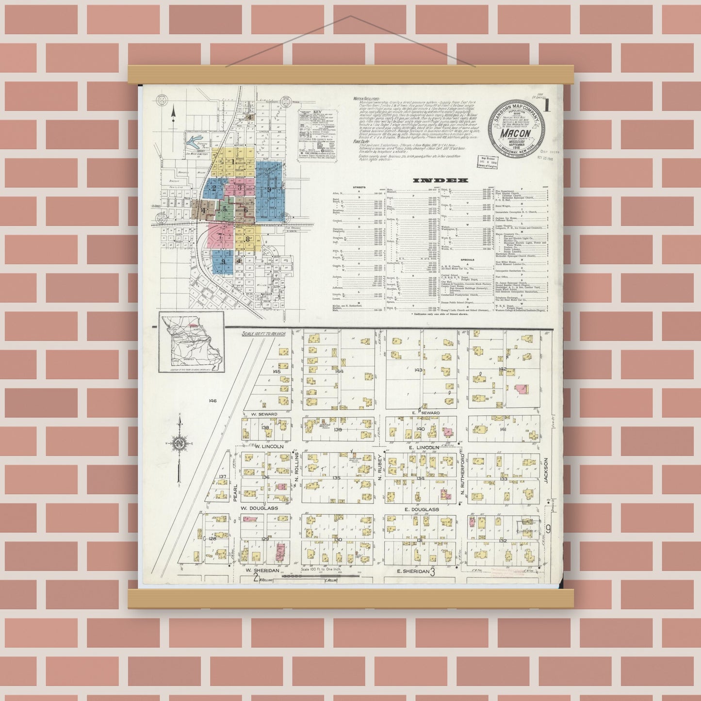 Old map wall art mockup — magnetic wood frame on brick wall — Sanborn Fire Insurance Map from Macon, Macon County, Missouri (1916) - Complete Map Set