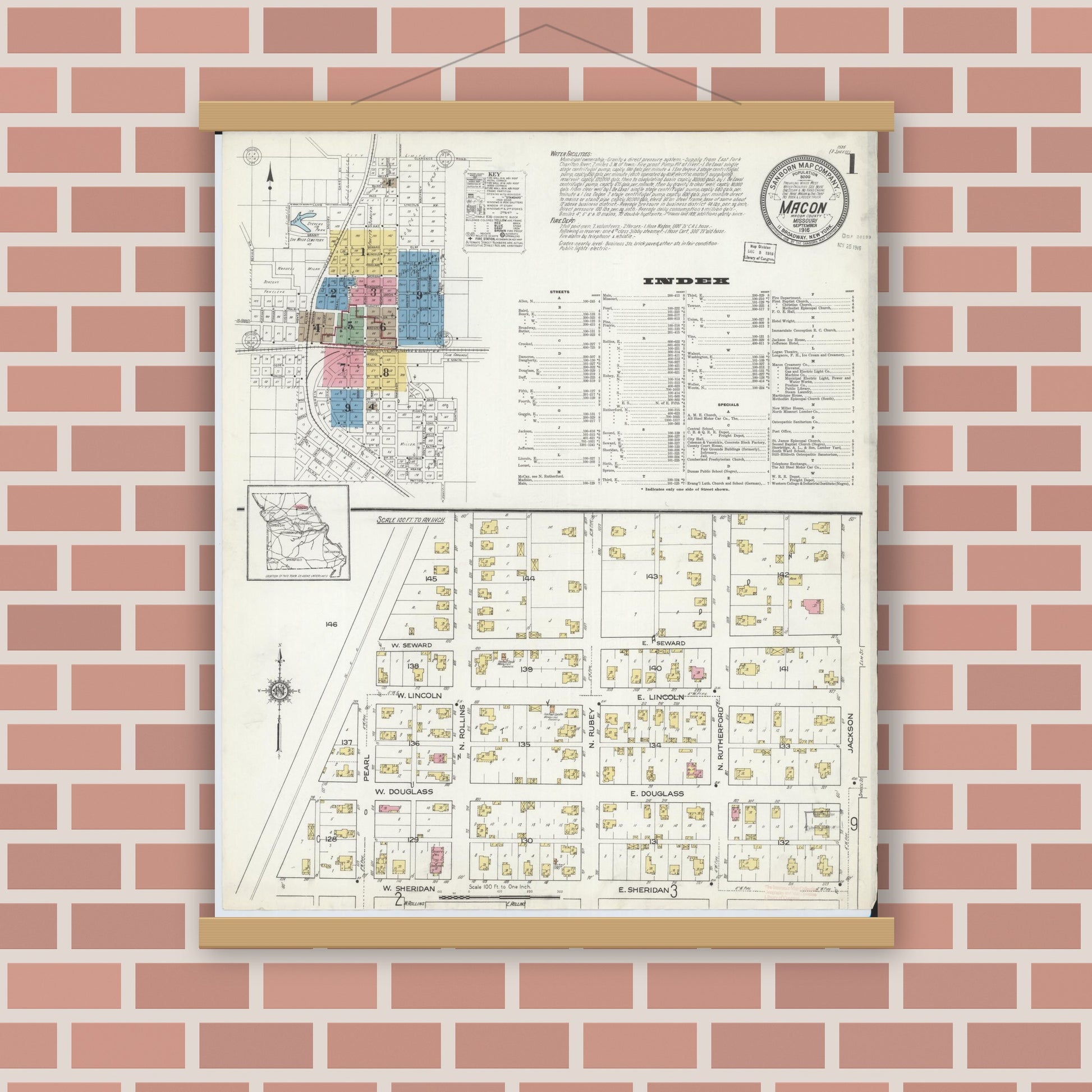Old map wall art mockup — magnetic wood frame on brick wall — Sanborn Fire Insurance Map from Macon, Macon County, Missouri (1916) - Complete Map Set