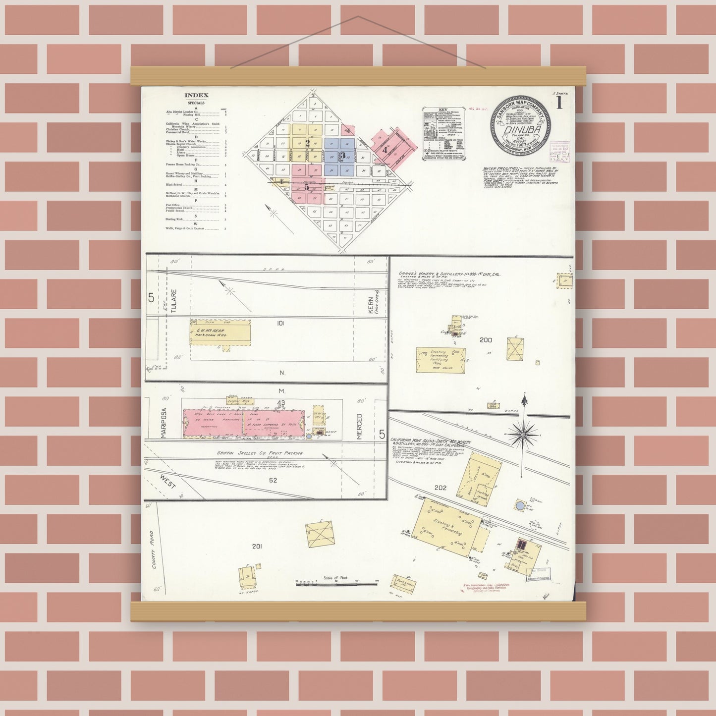 Old map wall art mockup — magnetic wood frame on brick wall — Sanborn Fire Insurance Map from Dinuba, Tulare County, California (1907) - Complete Map Set