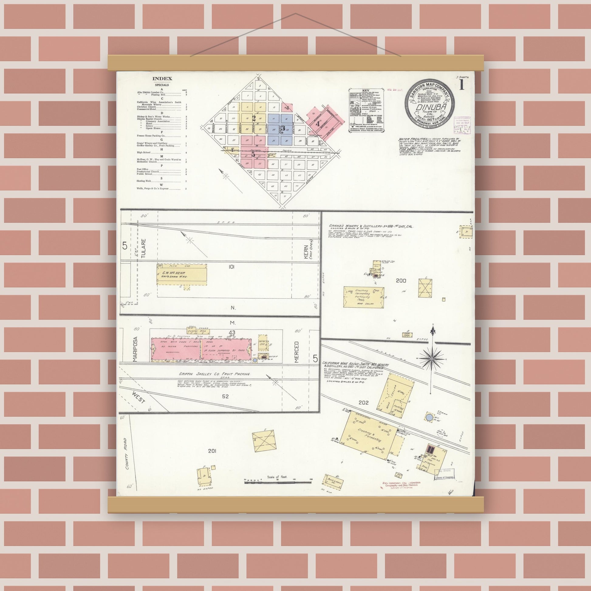 Old map wall art mockup — magnetic wood frame on brick wall — Sanborn Fire Insurance Map from Dinuba, Tulare County, California (1907) - Complete Map Set