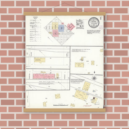 Old map wall art mockup — magnetic wood frame on brick wall — Sanborn Fire Insurance Map from Dinuba, Tulare County, California (1907) - Complete Map Set