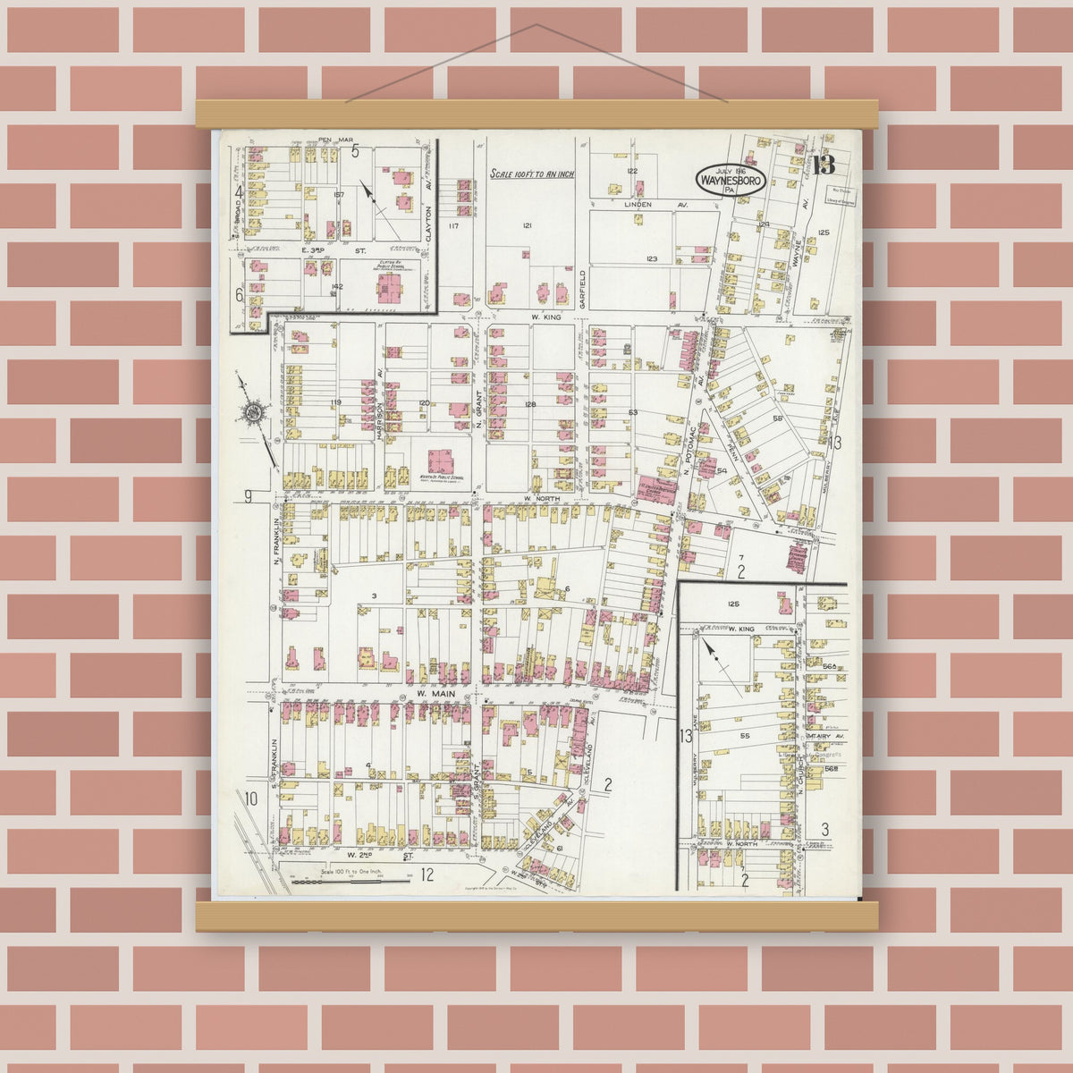 Old map wall art mockup — magnetic wood frame on brick wall — Sanborn Fire Insurance Map from Waynesboro, Franklin County, Pennsylvania (1916), Sheet #0013