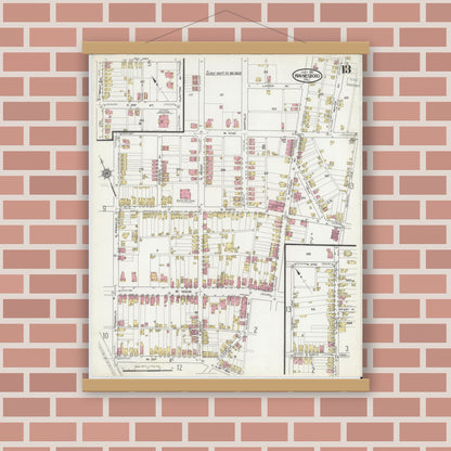 Old map wall art mockup — magnetic wood frame on brick wall — Sanborn Fire Insurance Map from Waynesboro, Franklin County, Pennsylvania (1916), Sheet #0013