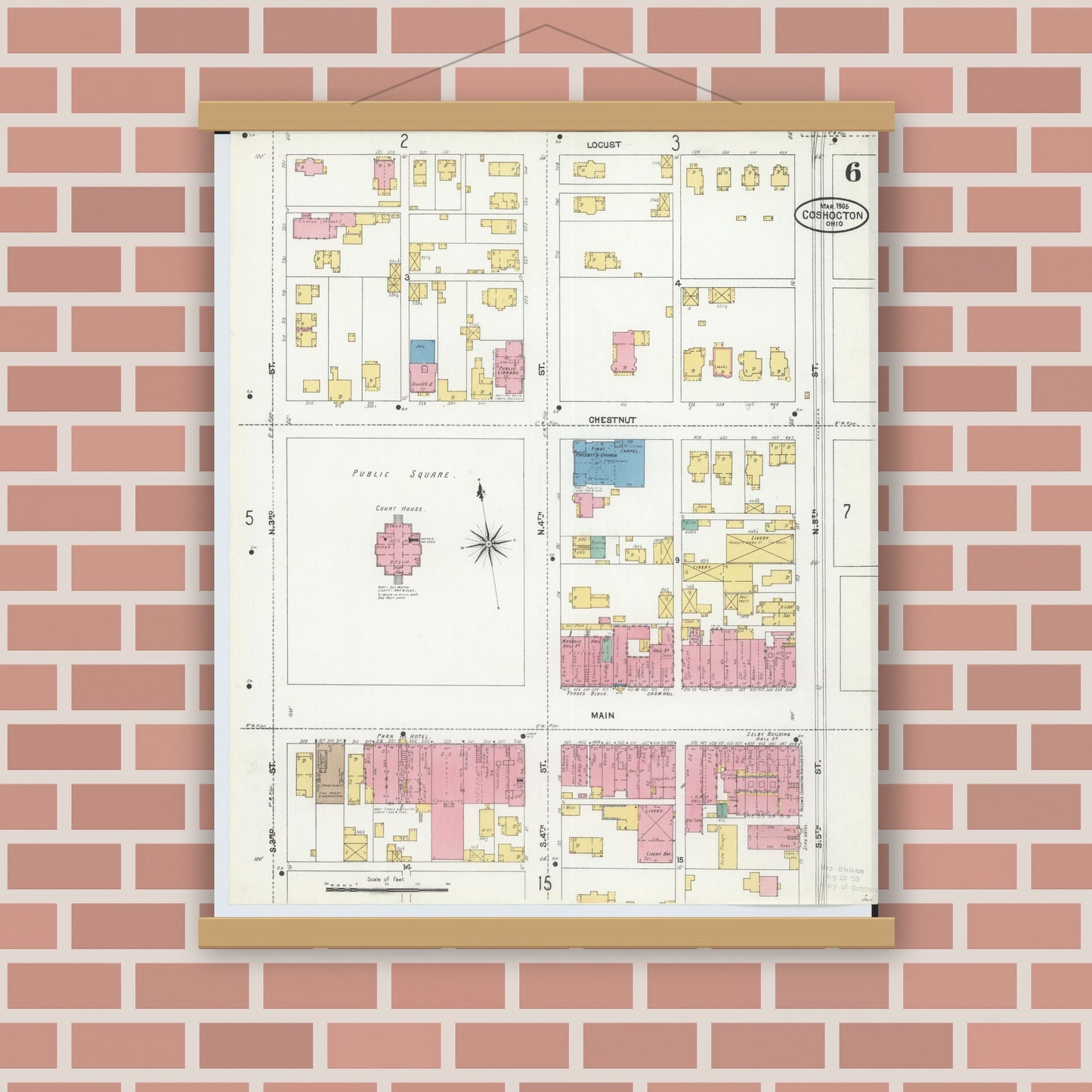 Old map wall art mockup — magnetic wood frame on brick wall — Sanborn Fire Insurance Map from Coshocton, Coshocton County, Ohio (1905), Sheet #0006