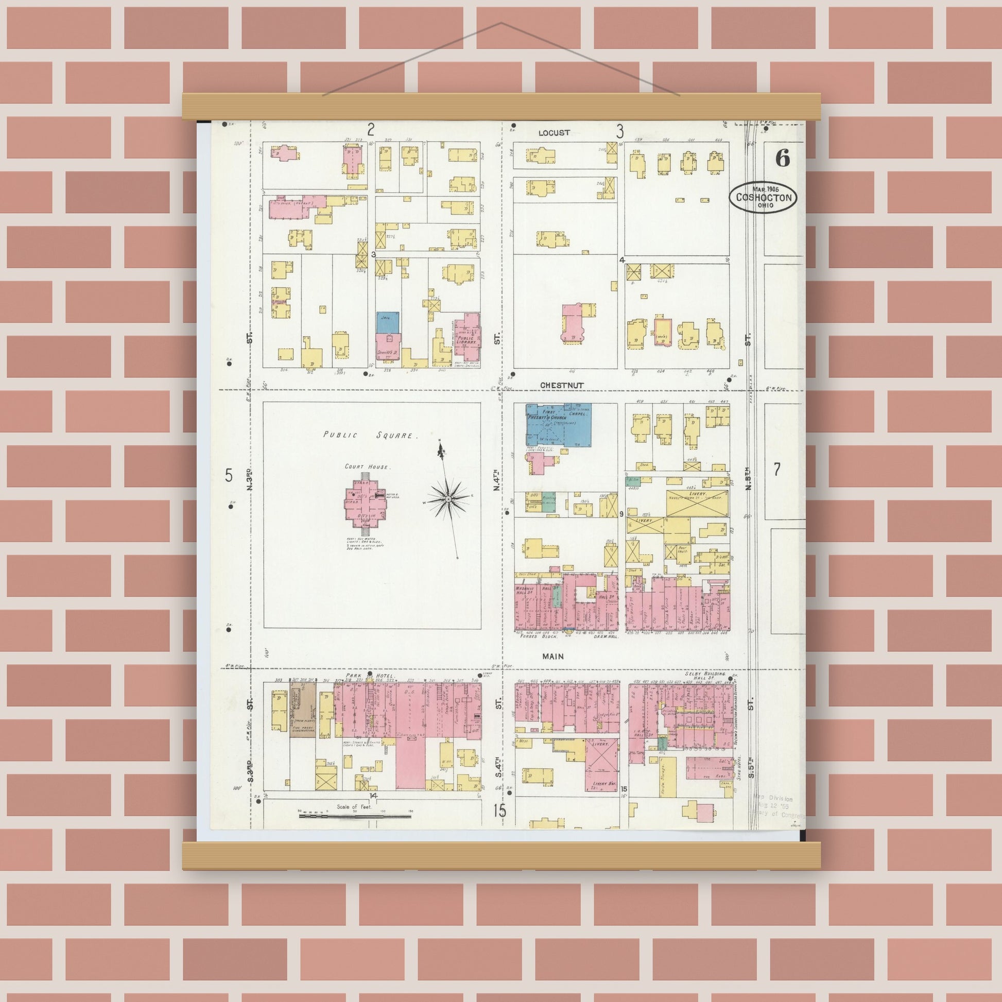 Old map wall art mockup — magnetic wood frame on brick wall — Sanborn Fire Insurance Map from Coshocton, Coshocton County, Ohio (1905), Sheet #0006