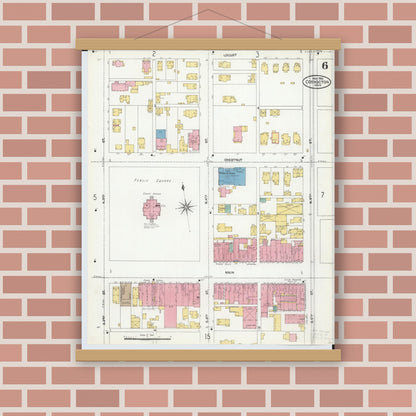 Old map wall art mockup — magnetic wood frame on brick wall — Sanborn Fire Insurance Map from Coshocton, Coshocton County, Ohio (1905), Sheet #0006