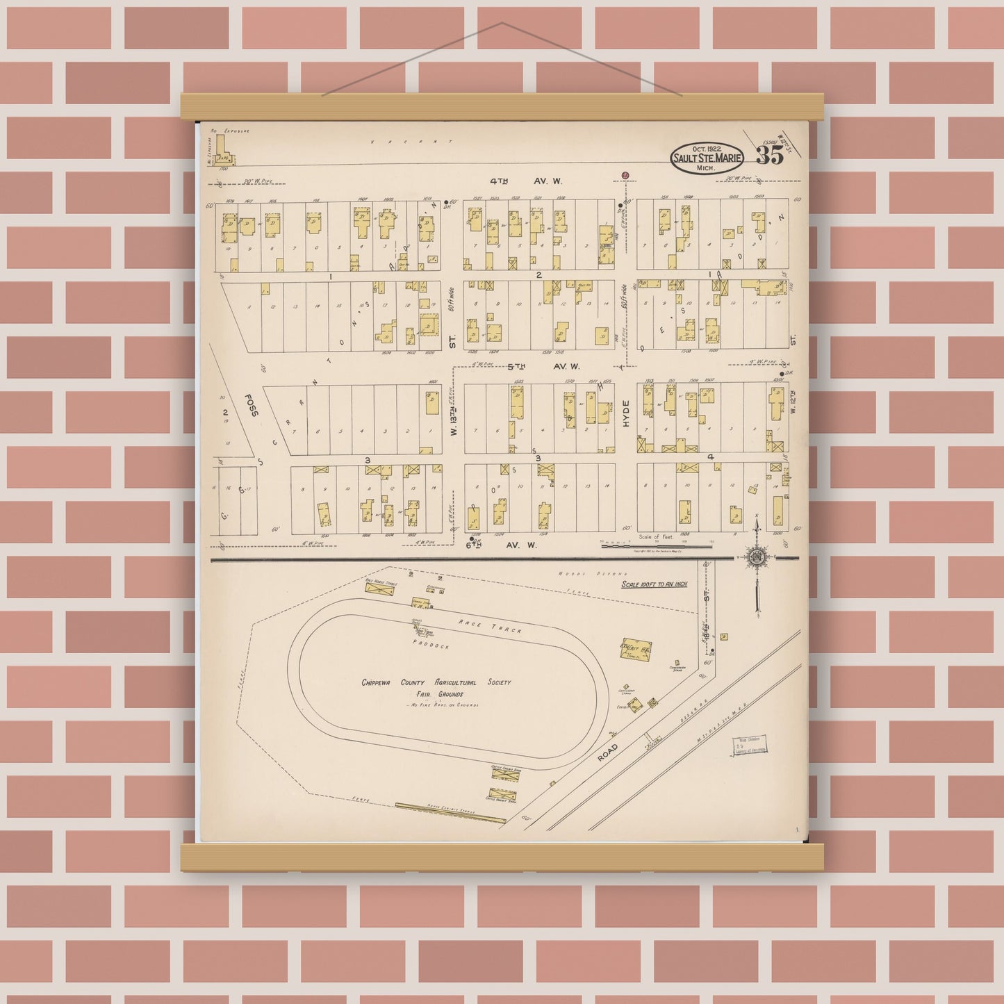 Old map wall art mockup — magnetic wood frame on brick wall — Sanborn Fire Insurance Map from Sault Sainte Marie, Chippewa County, Michigan (1922), Sheet #0035