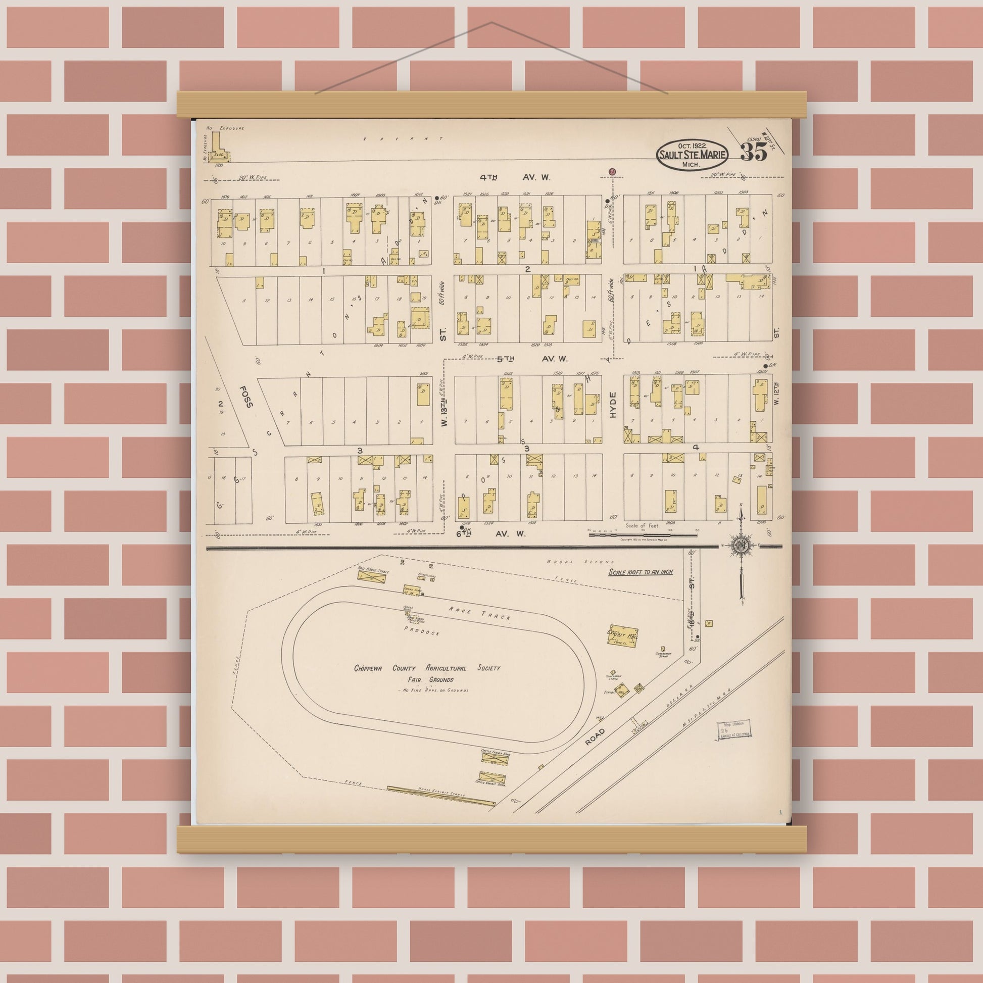 Old map wall art mockup — magnetic wood frame on brick wall — Sanborn Fire Insurance Map from Sault Sainte Marie, Chippewa County, Michigan (1922), Sheet #0035