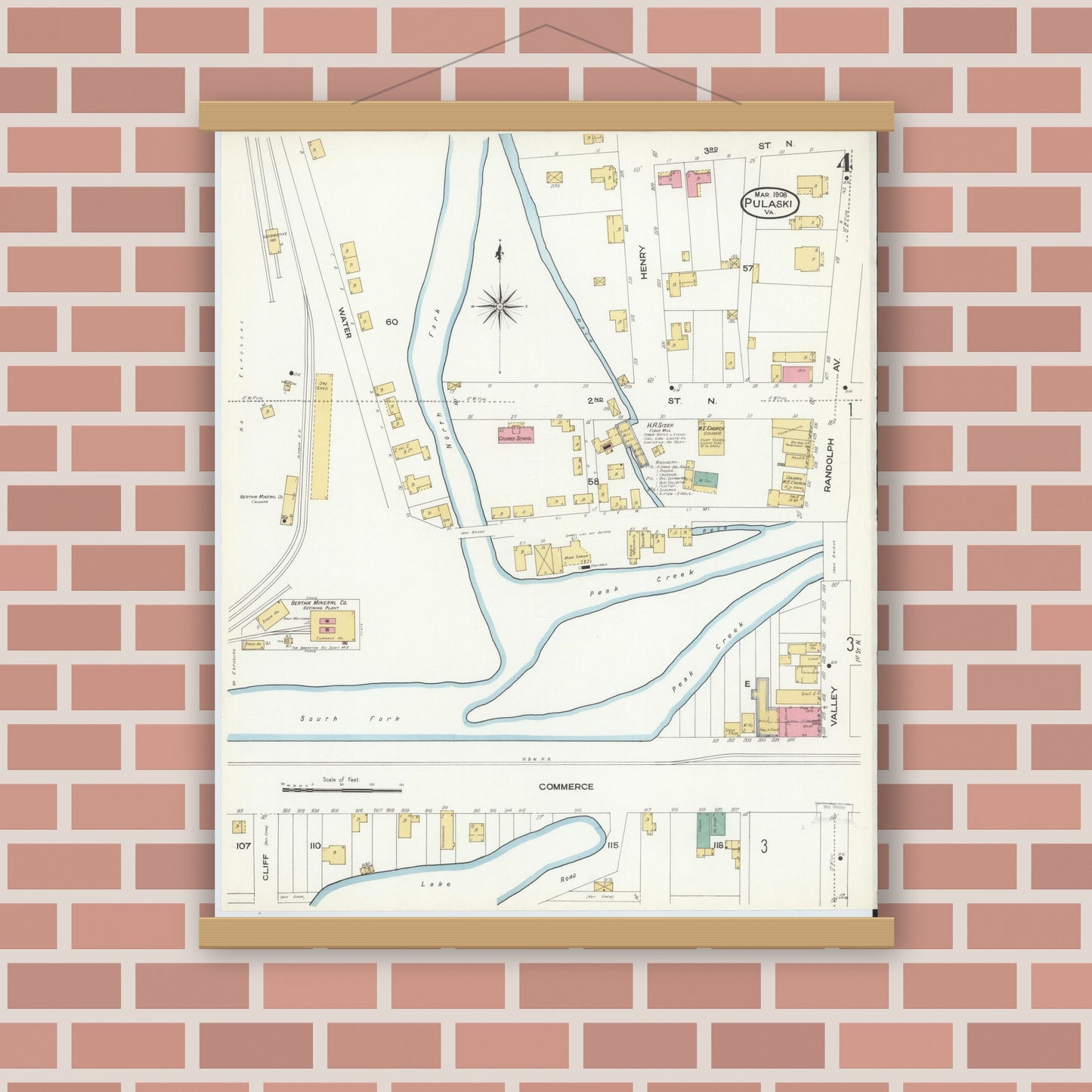 Old map wall art mockup — magnetic wood frame on brick wall — Sanborn Fire Insurance Map from Pulaski, Pulaski County, Virginia (1908), Sheet #0004