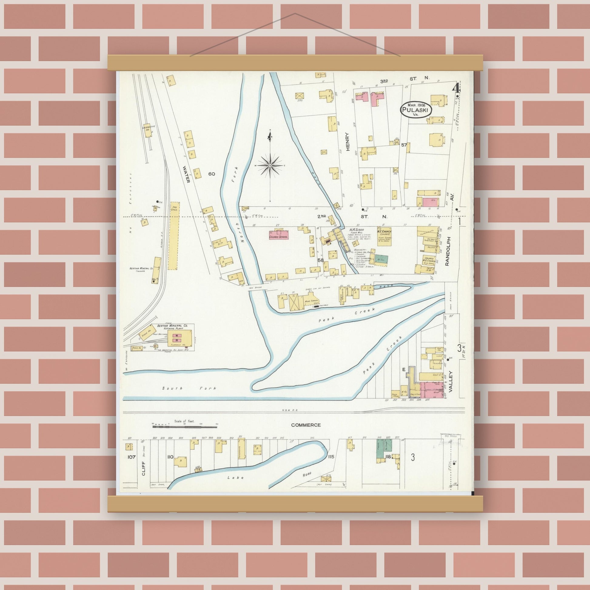 Old map wall art mockup — magnetic wood frame on brick wall — Sanborn Fire Insurance Map from Pulaski, Pulaski County, Virginia (1908), Sheet #0004