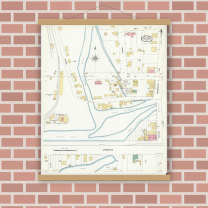 Old map wall art mockup — magnetic wood frame on brick wall — Sanborn Fire Insurance Map from Pulaski, Pulaski County, Virginia (1908), Sheet #0004