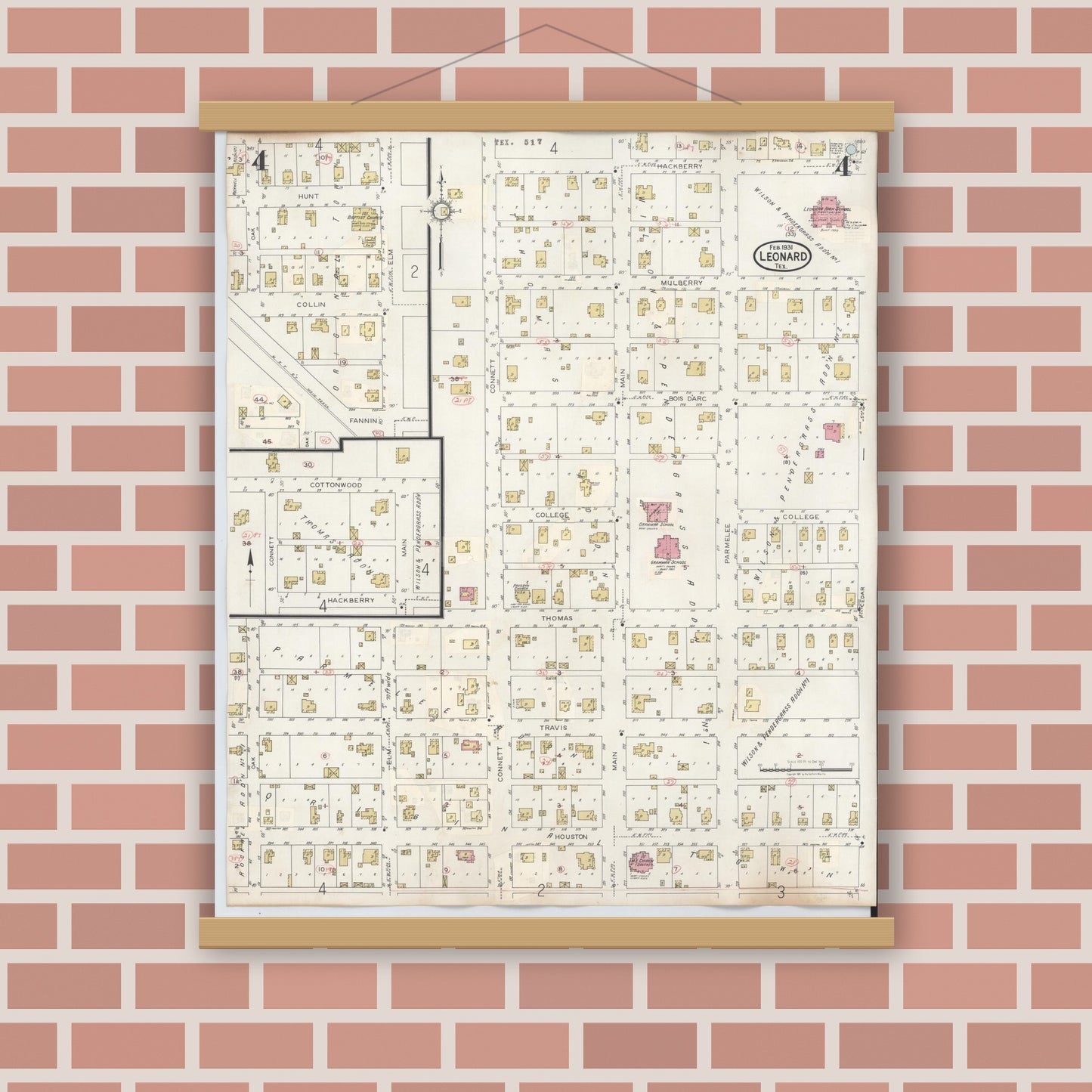 Old map wall art mockup — magnetic wood frame on brick wall — Sanborn Fire Insurance Map from Leonard, Fannin County, Texas (1945), Sheet #0004