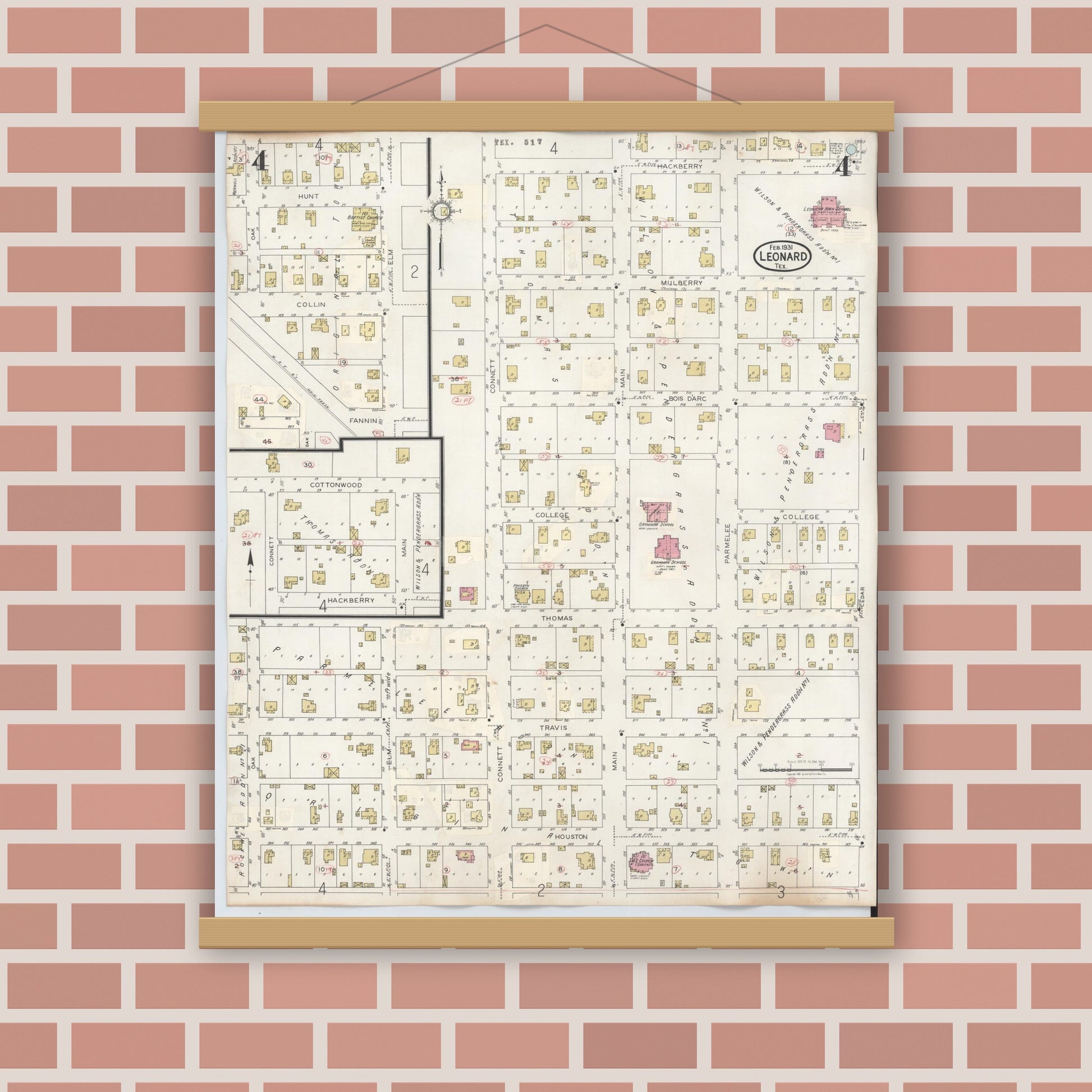 Old map wall art mockup — magnetic wood frame on brick wall — Sanborn Fire Insurance Map from Leonard, Fannin County, Texas (1945), Sheet #0004