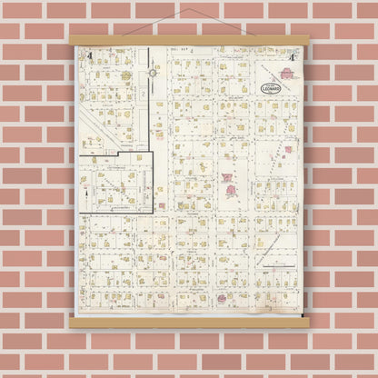Old map wall art mockup — magnetic wood frame on brick wall — Sanborn Fire Insurance Map from Leonard, Fannin County, Texas (1945), Sheet #0004