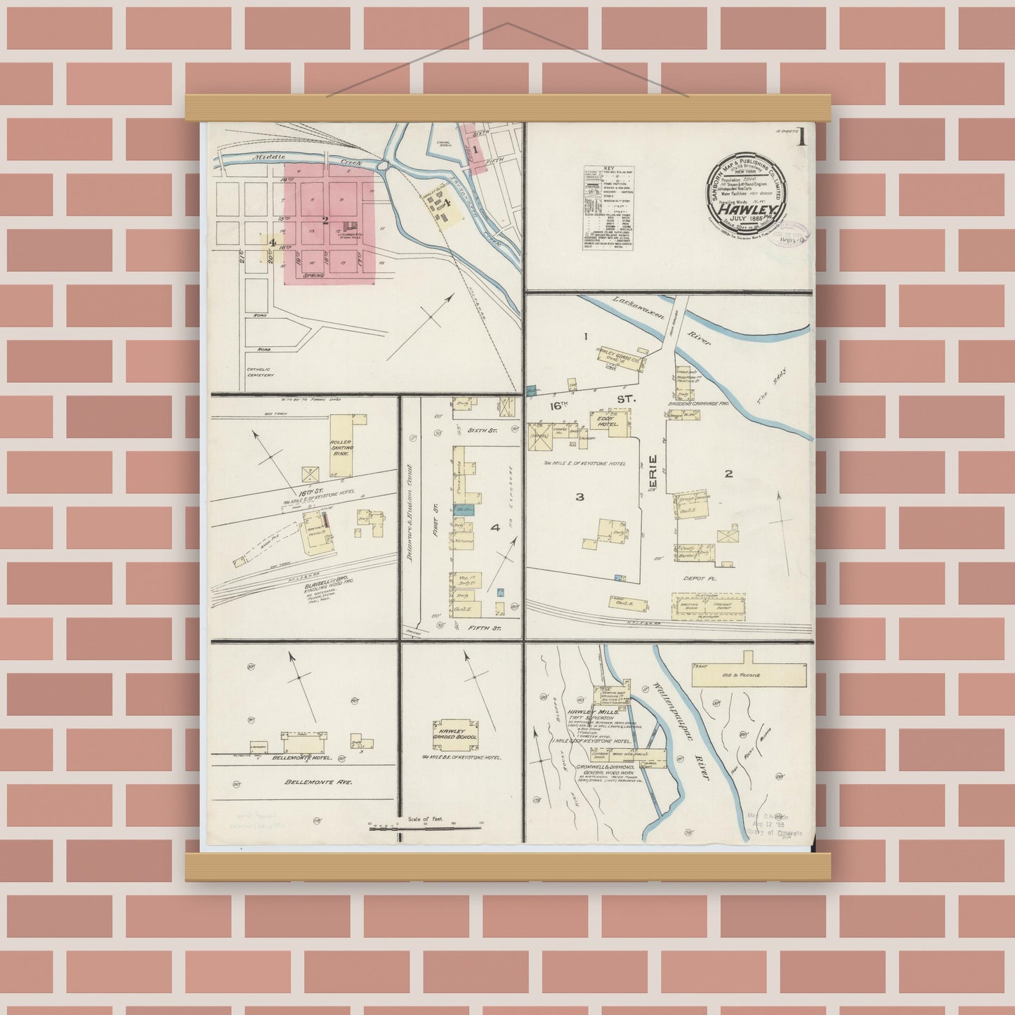 Old map wall art mockup — magnetic wood frame on brick wall — Sanborn Fire Insurance Map from Hawley, Wayne County, Pennsylvania (1885) - Complete Map Set