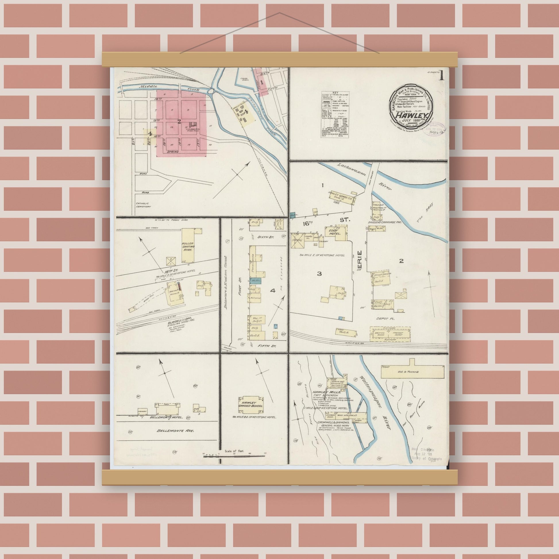 Old map wall art mockup — magnetic wood frame on brick wall — Sanborn Fire Insurance Map from Hawley, Wayne County, Pennsylvania (1885) - Complete Map Set