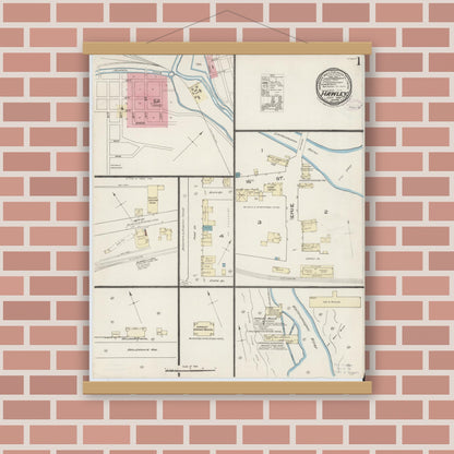 Old map wall art mockup — magnetic wood frame on brick wall — Sanborn Fire Insurance Map from Hawley, Wayne County, Pennsylvania (1885) - Complete Map Set
