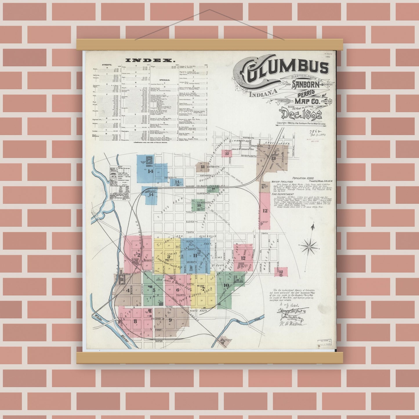 Old map wall art mockup — magnetic wood frame on brick wall — Sanborn Fire Insurance Map from Columbus, Bartholomew County, Indiana (1892), Sheet #0001