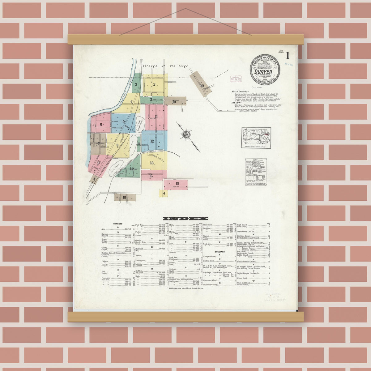 Old map wall art mockup — magnetic wood frame on brick wall — Sanborn Fire Insurance Map from Duryea, Luzerne County, Pennsylvania (1914), Sheet #0001