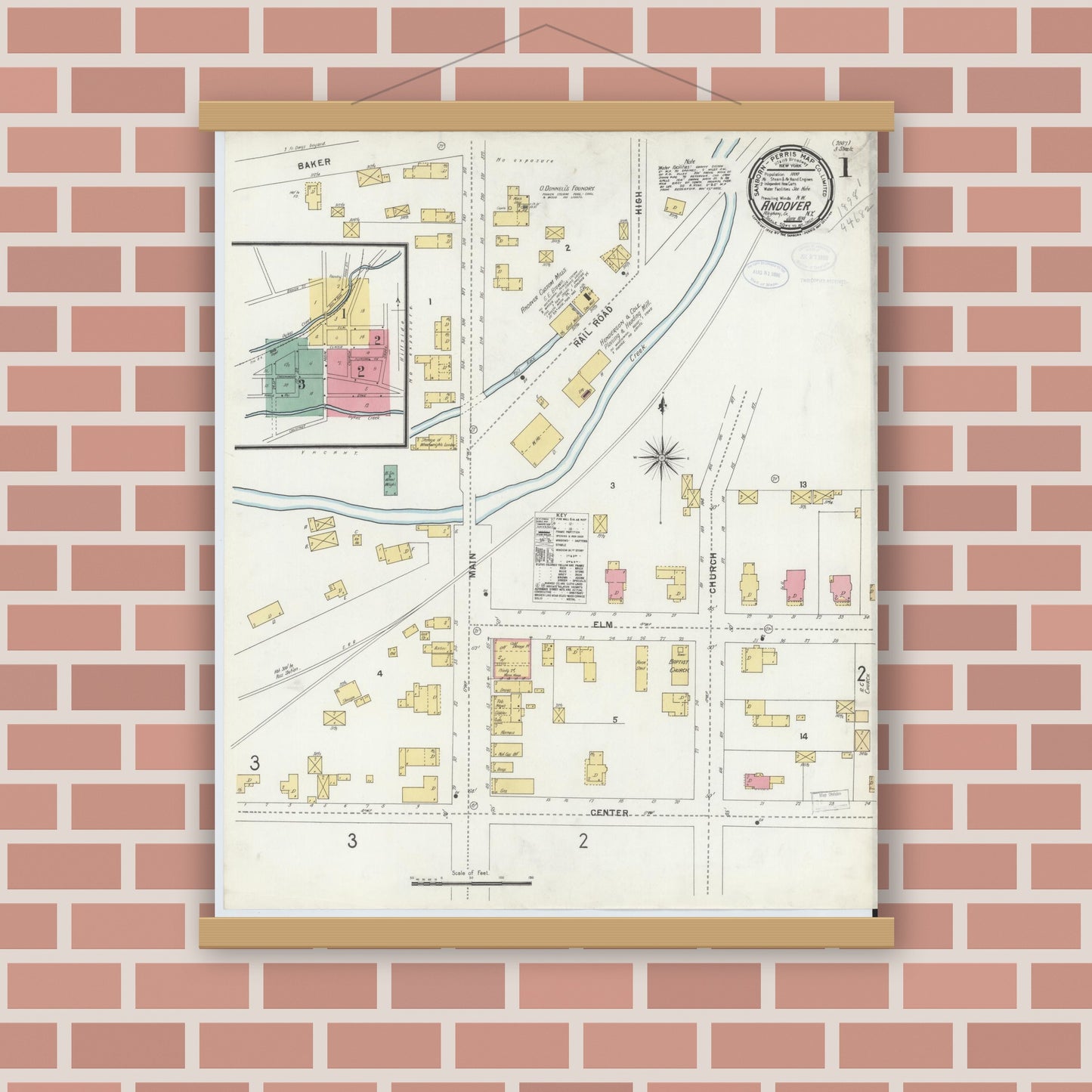 Old map wall art mockup — magnetic wood frame on brick wall — Sanborn Fire Insurance Map from Andover, Allegany County, New York (1898), Sheet #0001