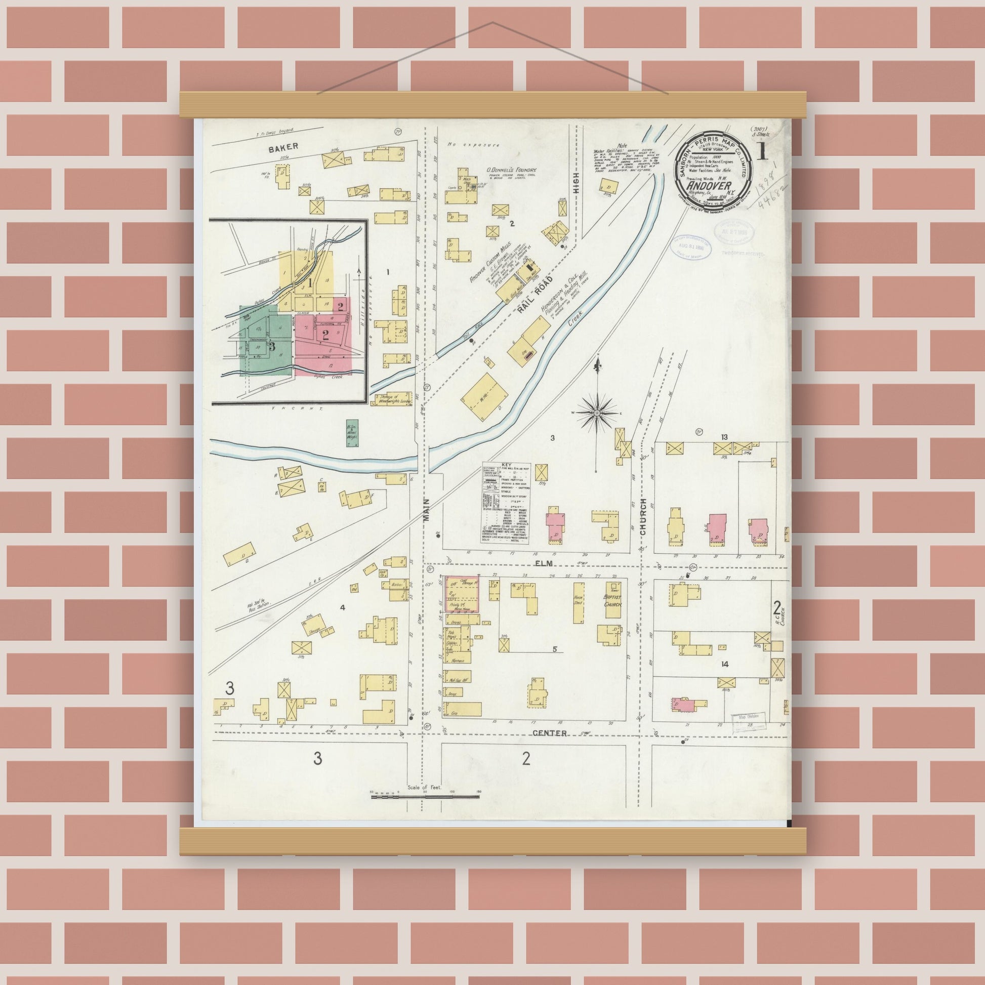 Old map wall art mockup — magnetic wood frame on brick wall — Sanborn Fire Insurance Map from Andover, Allegany County, New York (1898), Sheet #0001