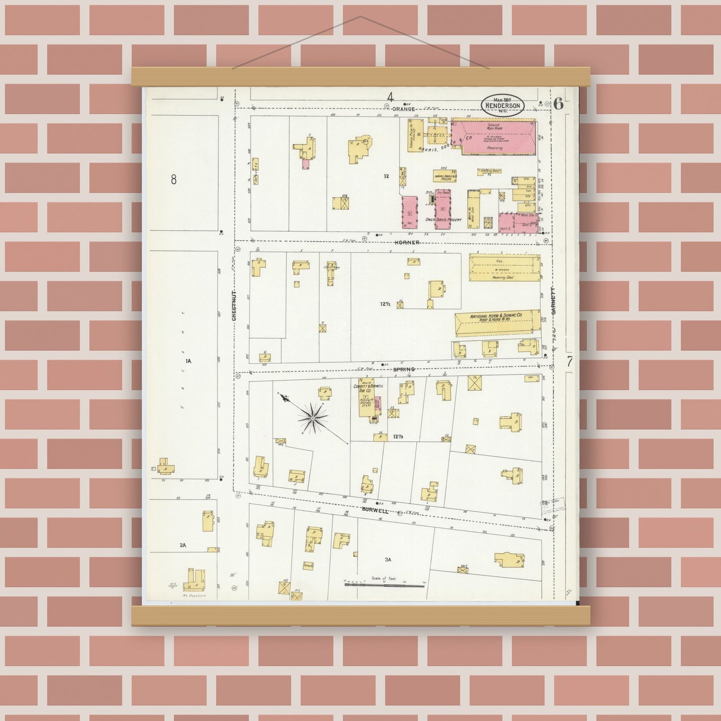 Old map wall art mockup — magnetic wood frame on brick wall — Sanborn Fire Insurance Map from Henderson, Vance County, North Carolina (1907), Sheet #0006