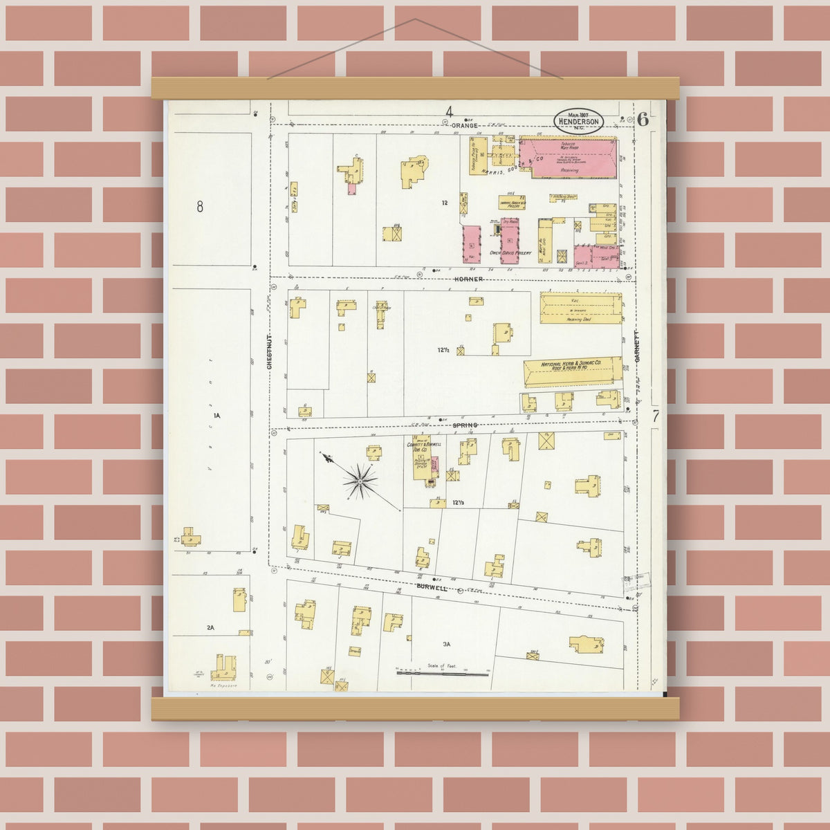 Old map wall art mockup — magnetic wood frame on brick wall — Sanborn Fire Insurance Map from Henderson, Vance County, North Carolina (1907), Sheet #0006