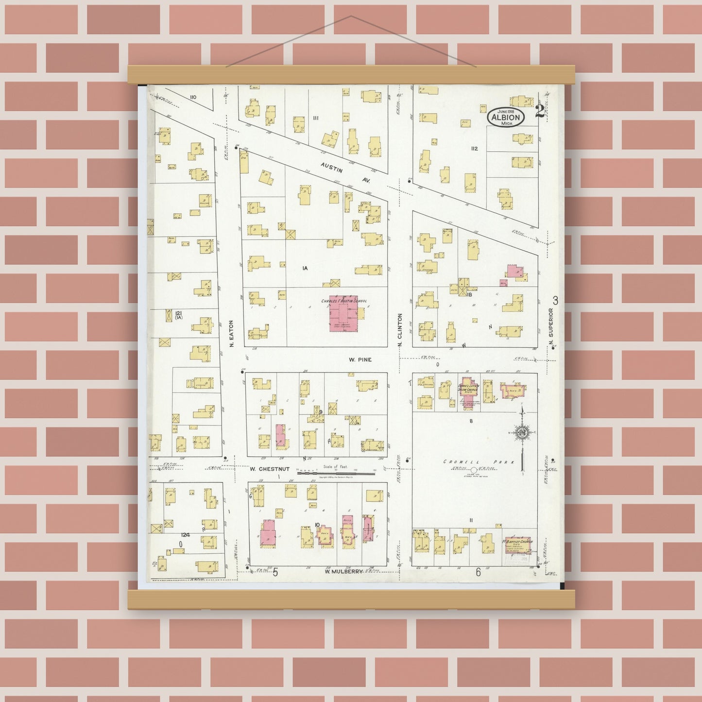 Old map wall art mockup — magnetic wood frame on brick wall — Sanborn Fire Insurance Map from Albion, Calhoun County, Michigan (1918), Sheet #0002