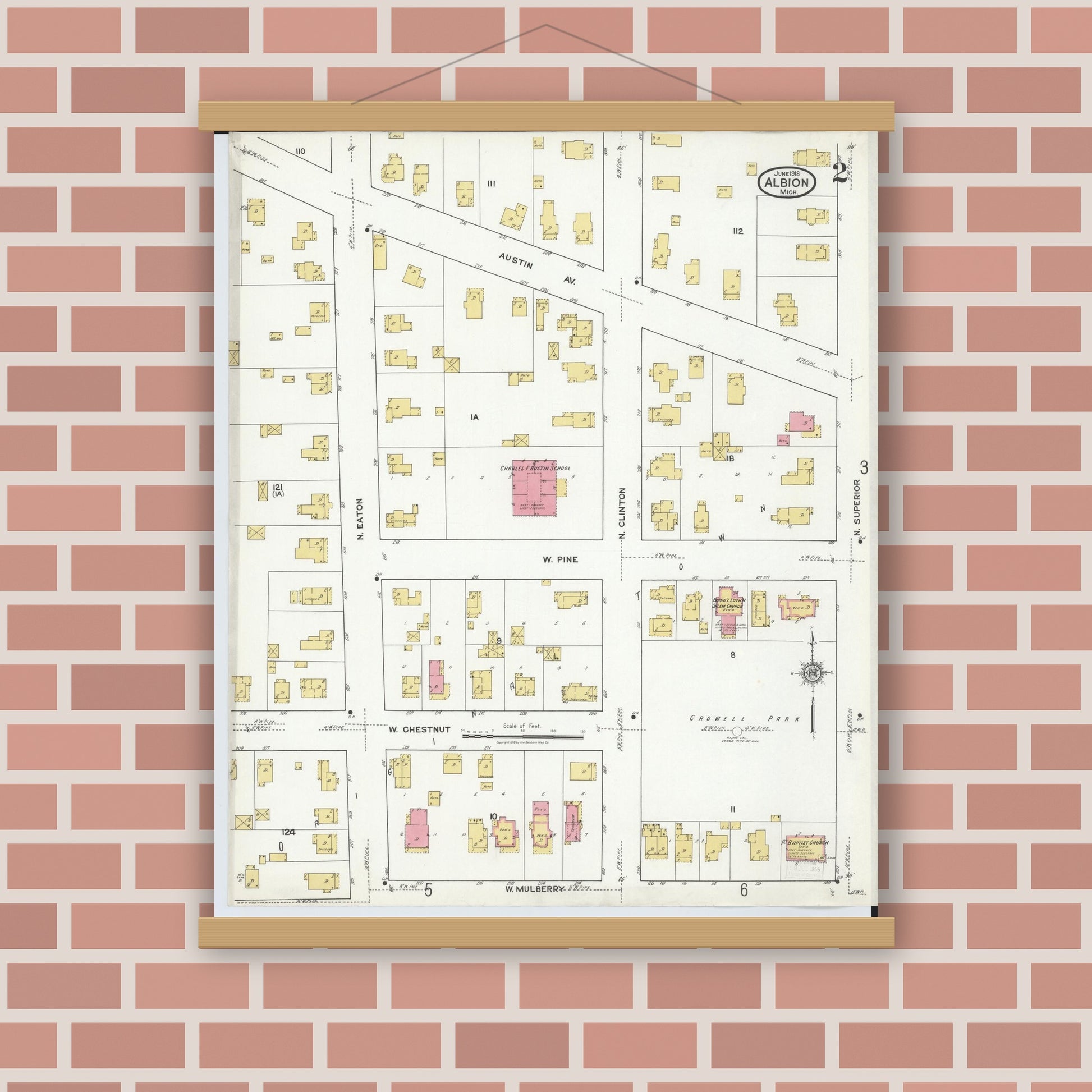 Old map wall art mockup — magnetic wood frame on brick wall — Sanborn Fire Insurance Map from Albion, Calhoun County, Michigan (1918), Sheet #0002