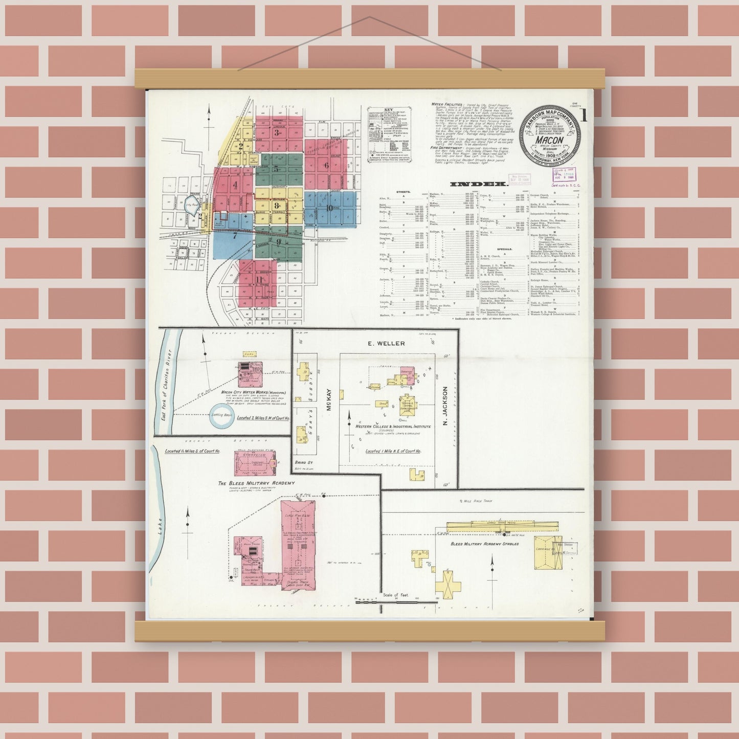 Old map wall art mockup — magnetic wood frame on brick wall — Sanborn Fire Insurance Map from Macon, Macon County, Missouri (1909), Sheet #0001