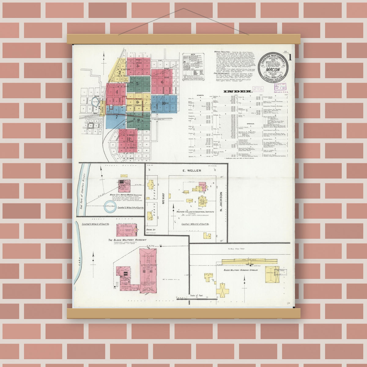 Old map wall art mockup — magnetic wood frame on brick wall — Sanborn Fire Insurance Map from Macon, Macon County, Missouri (1909), Sheet #0001