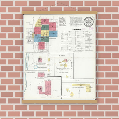 Old map wall art mockup — magnetic wood frame on brick wall — Sanborn Fire Insurance Map from Macon, Macon County, Missouri (1909), Sheet #0001