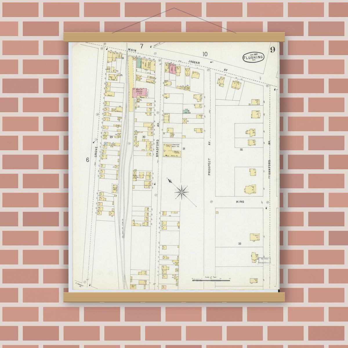 Old map wall art mockup — magnetic wood frame on brick wall — Sanborn Fire Insurance Map from Flushing, Queens County, New York (1897), Sheet #0009