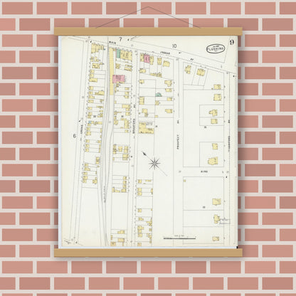 Old map wall art mockup — magnetic wood frame on brick wall — Sanborn Fire Insurance Map from Flushing, Queens County, New York (1897), Sheet #0009