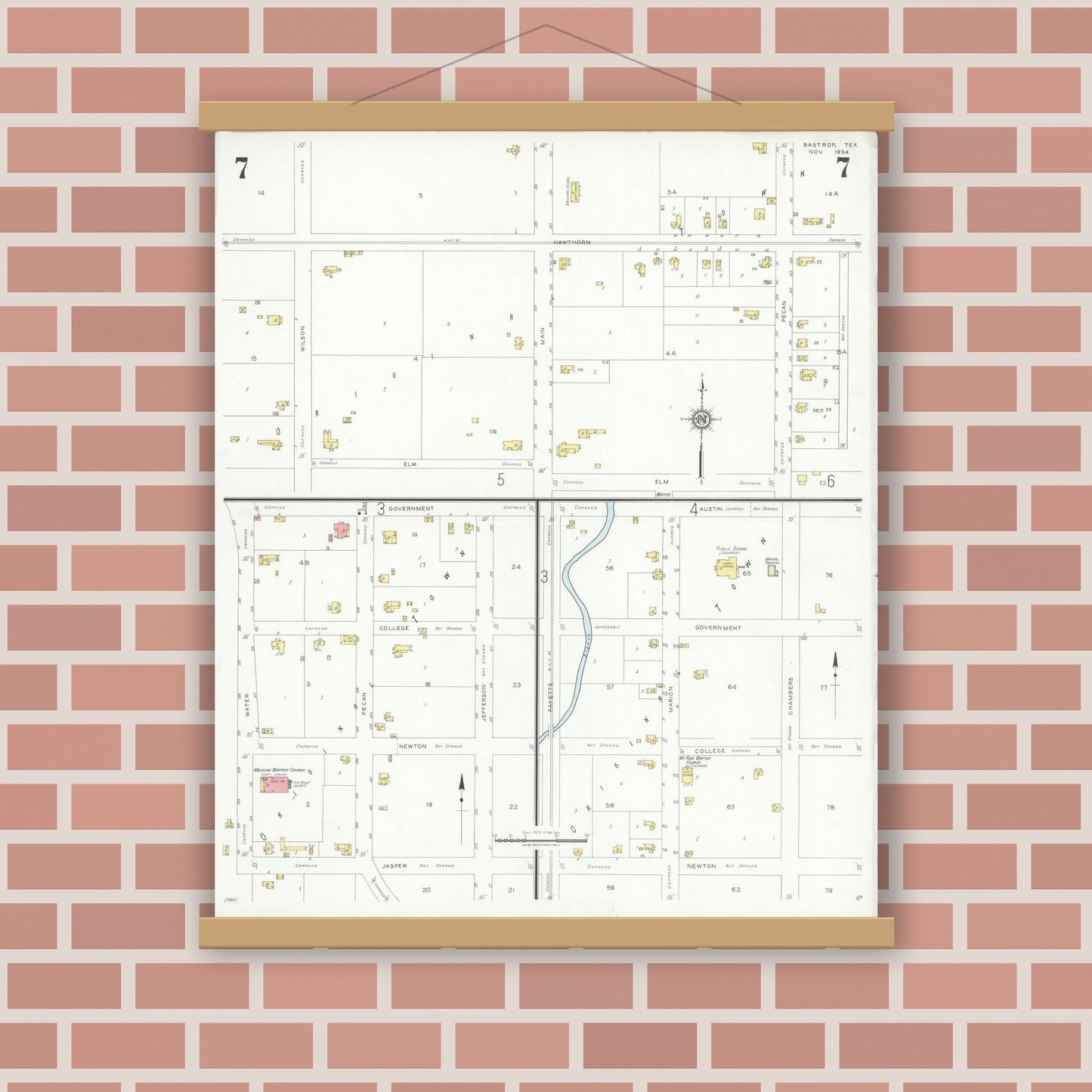 Old map wall art mockup — magnetic wood frame on brick wall — Sanborn Fire Insurance Map from Bastrop, Bastrop County, Texas (1934), Sheet #0007