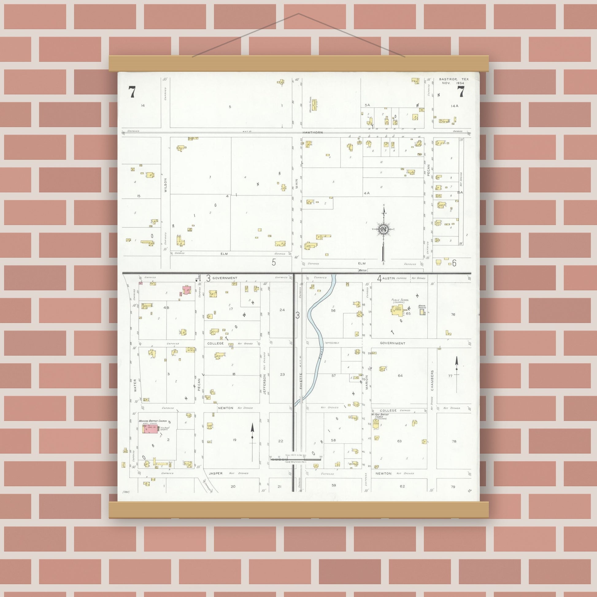 Old map wall art mockup — magnetic wood frame on brick wall — Sanborn Fire Insurance Map from Bastrop, Bastrop County, Texas (1934), Sheet #0007
