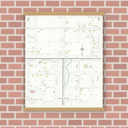 Old map wall art mockup — magnetic wood frame on brick wall — Sanborn Fire Insurance Map from Bastrop, Bastrop County, Texas (1934), Sheet #0007