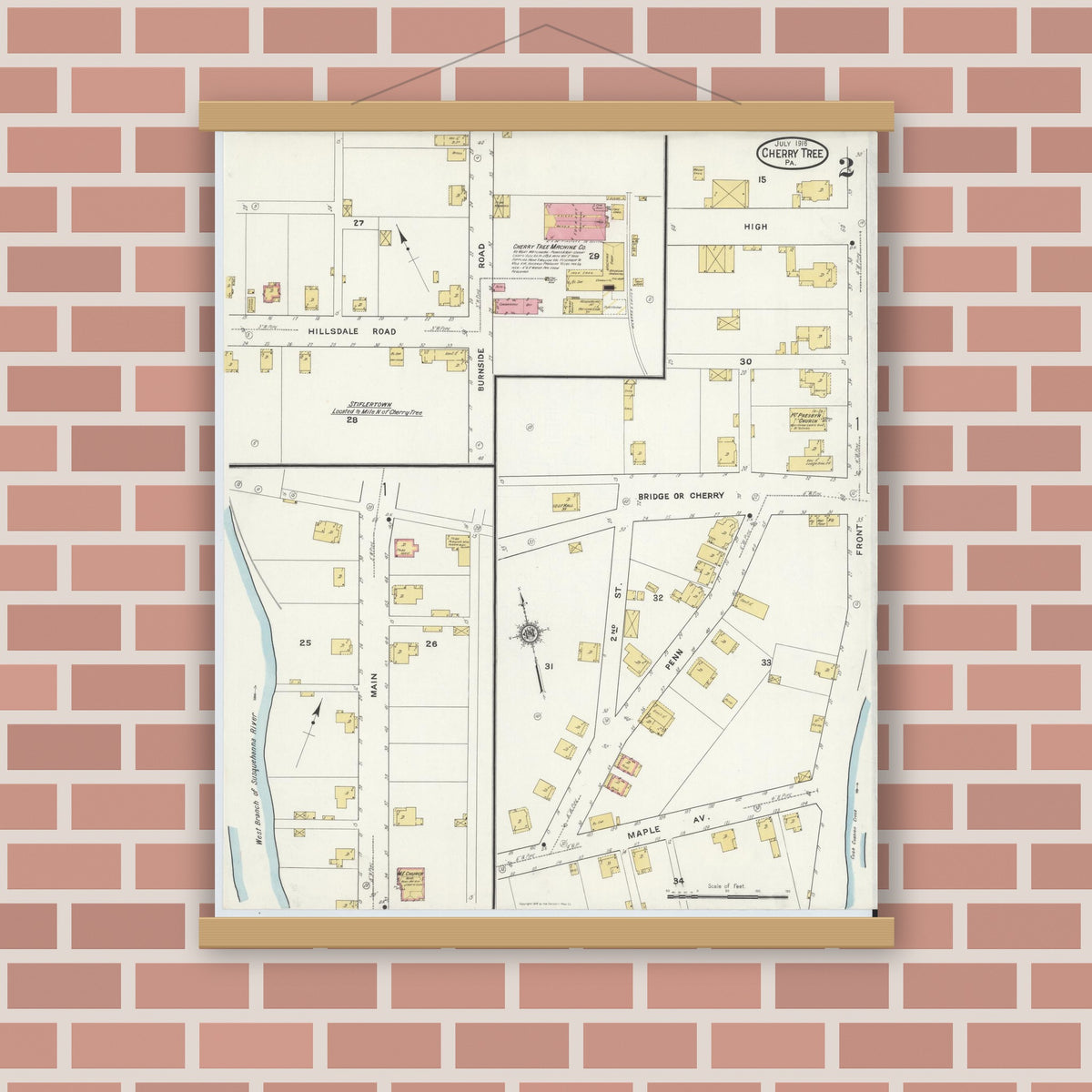 Old map wall art mockup — magnetic wood frame on brick wall — Sanborn Fire Insurance Map from Cherry Tree, Indiana County, Pennsylvania (1916), Sheet #0002