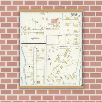 Old map wall art mockup — magnetic wood frame on brick wall — Sanborn Fire Insurance Map from Cherry Tree, Indiana County, Pennsylvania (1916), Sheet #0002