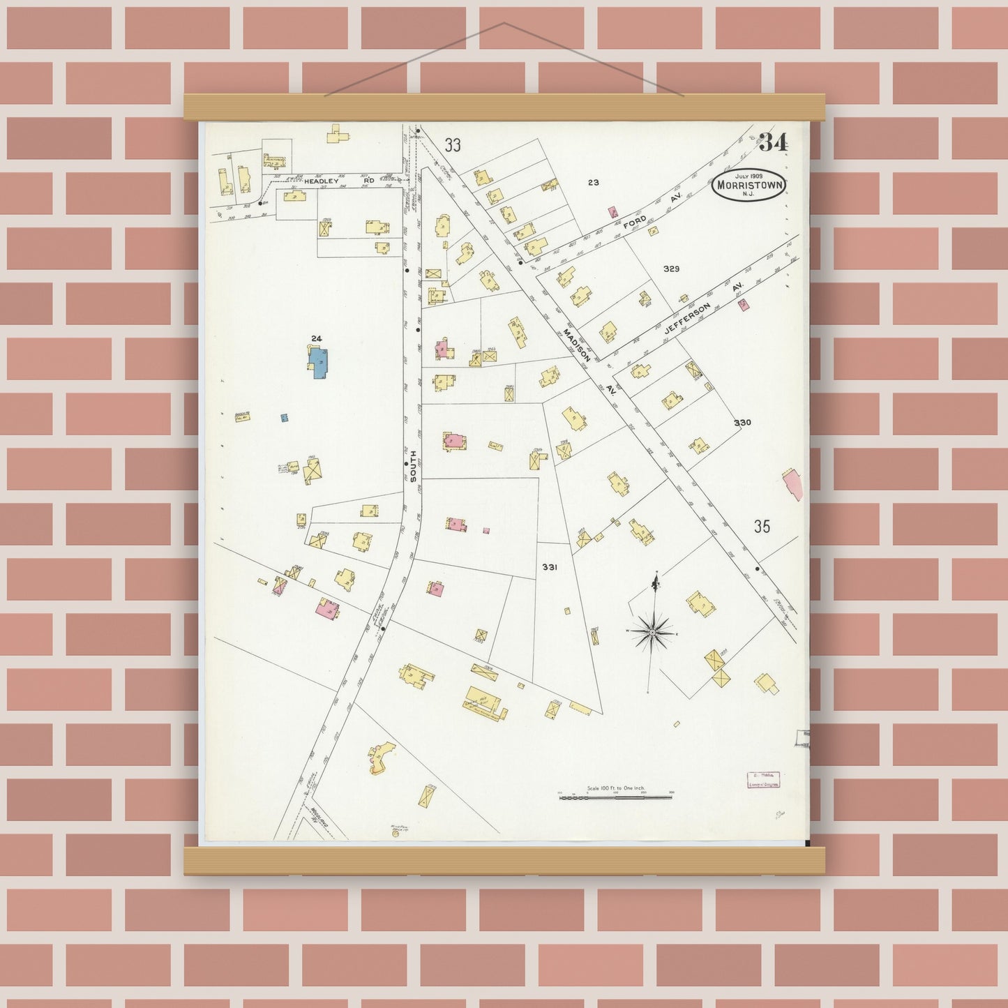 Old map wall art mockup — magnetic wood frame on brick wall — Sanborn Fire Insurance Map from Morristown, Morris County, New Jersey (1909), Sheet #0034