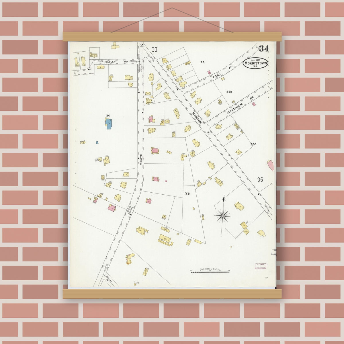 Old map wall art mockup — magnetic wood frame on brick wall — Sanborn Fire Insurance Map from Morristown, Morris County, New Jersey (1909), Sheet #0034
