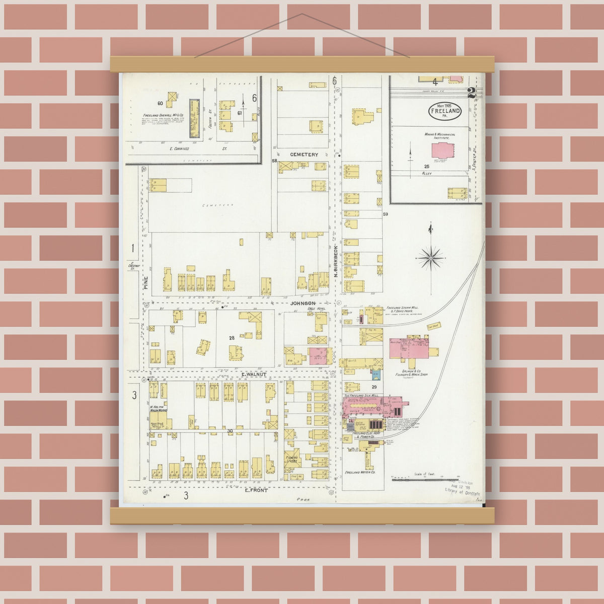 Old map wall art mockup — magnetic wood frame on brick wall — Sanborn Fire Insurance Map from Freeland, Luzerne County, Pennsylvania (1905), Sheet #0002