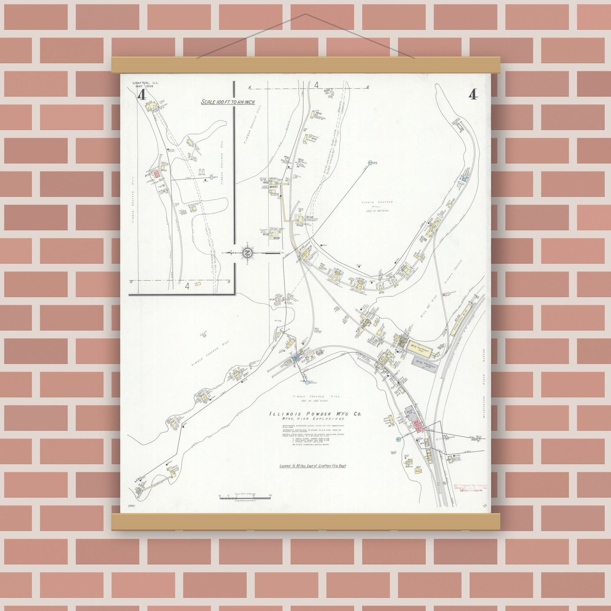 Old map wall art mockup — magnetic wood frame on brick wall — Sanborn Fire Insurance Map from Grafton, Jersey County, Illinois (1936), Sheet #0004