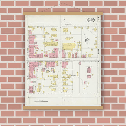 Old map wall art mockup — magnetic wood frame on brick wall — Sanborn Fire Insurance Map from Goldsboro, Wayne County, North Carolina (1896), Sheet #0005