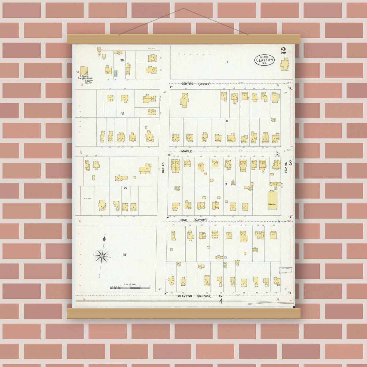 Old map wall art mockup — magnetic wood frame on brick wall — Sanborn Fire Insurance Map from Clayton, Gloucester County, New Jersey (1900), Sheet #0002